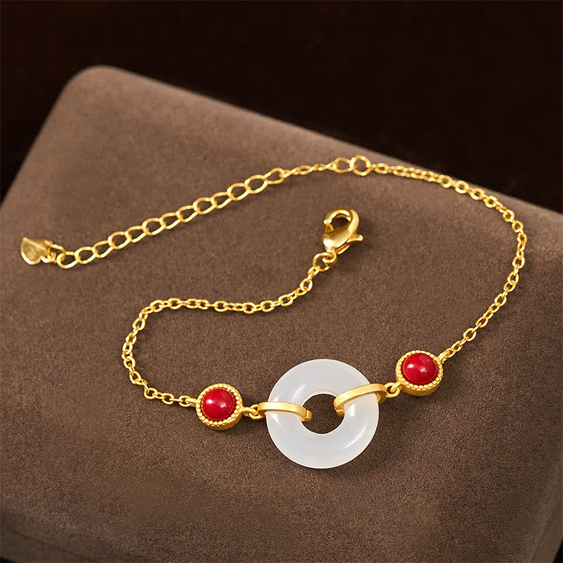 Wear FengShui Peace Buckle Hetian White Jade Copper Plated Gold Protection Bracelet