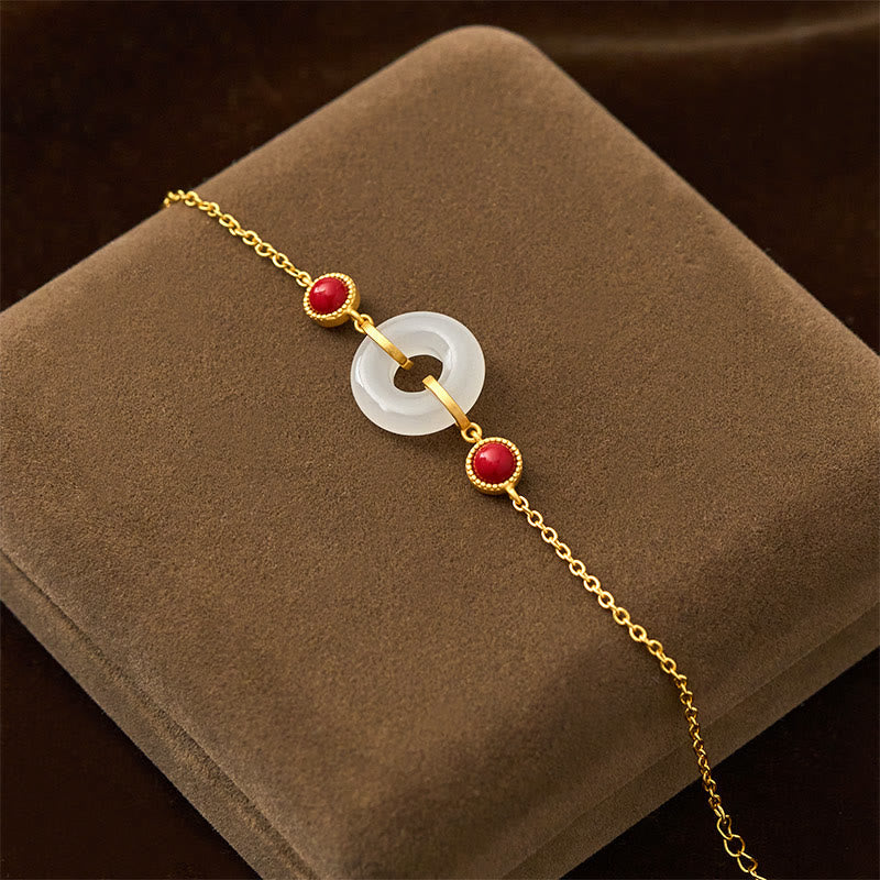 Wear FengShui Peace Buckle Hetian White Jade Copper Plated Gold Protection Bracelet