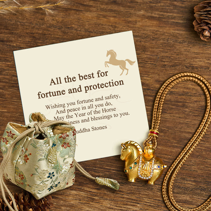 Wear FengShui "All The Best For Fortune And Protection" Year Of The Horse 24k Gold Plated Brass Necklace Includes Gift Message Card