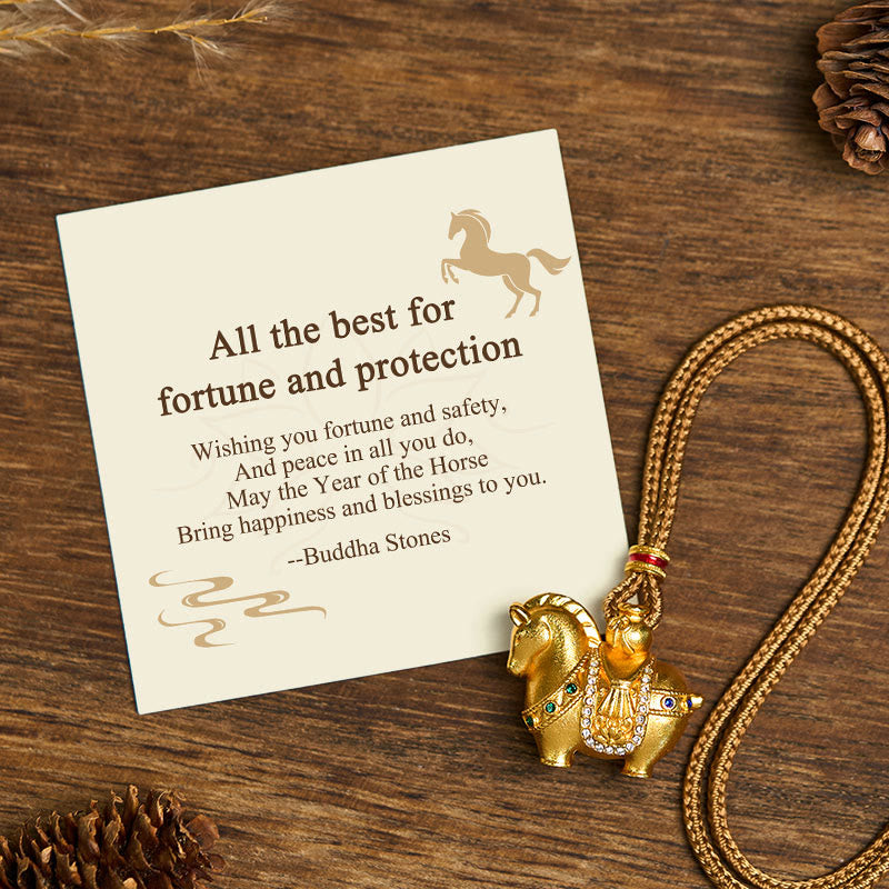 Wear FengShui "All The Best For Fortune And Protection" Year Of The Horse 24k Gold Plated Brass Necklace Includes Gift Message Card