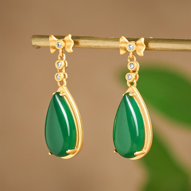 Wear FengShui Waterdrop Design Green Jasper Copper Plated Gold Balance Earrings
