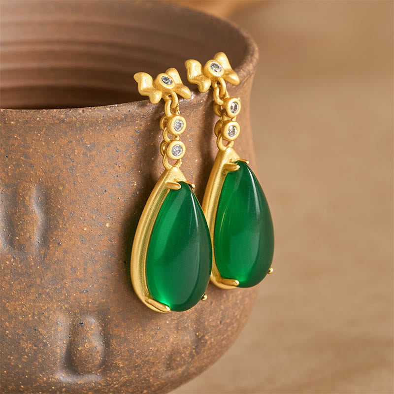 Wear FengShui Waterdrop Design Green Jasper Copper Plated Gold Balance Earrings
