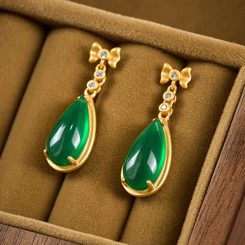Wear FengShui Waterdrop Design Green Jasper Copper Plated Gold Balance Earrings