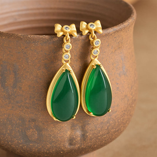 Wear FengShui Waterdrop Design Green Jasper Copper Plated Gold Balance Earrings
