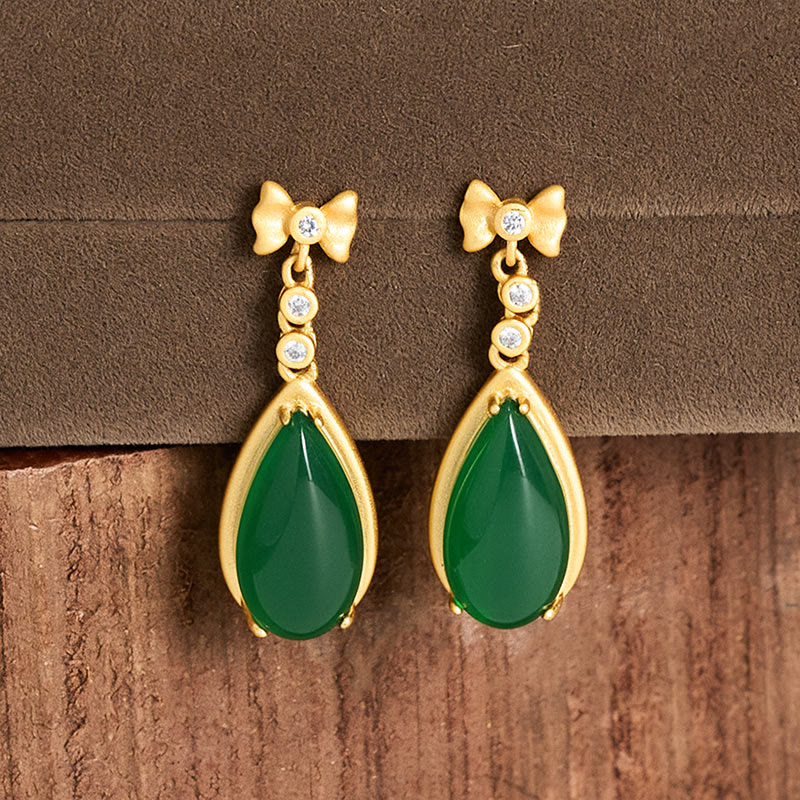 Wear FengShui Waterdrop Design Green Jasper Copper Plated Gold Balance Earrings