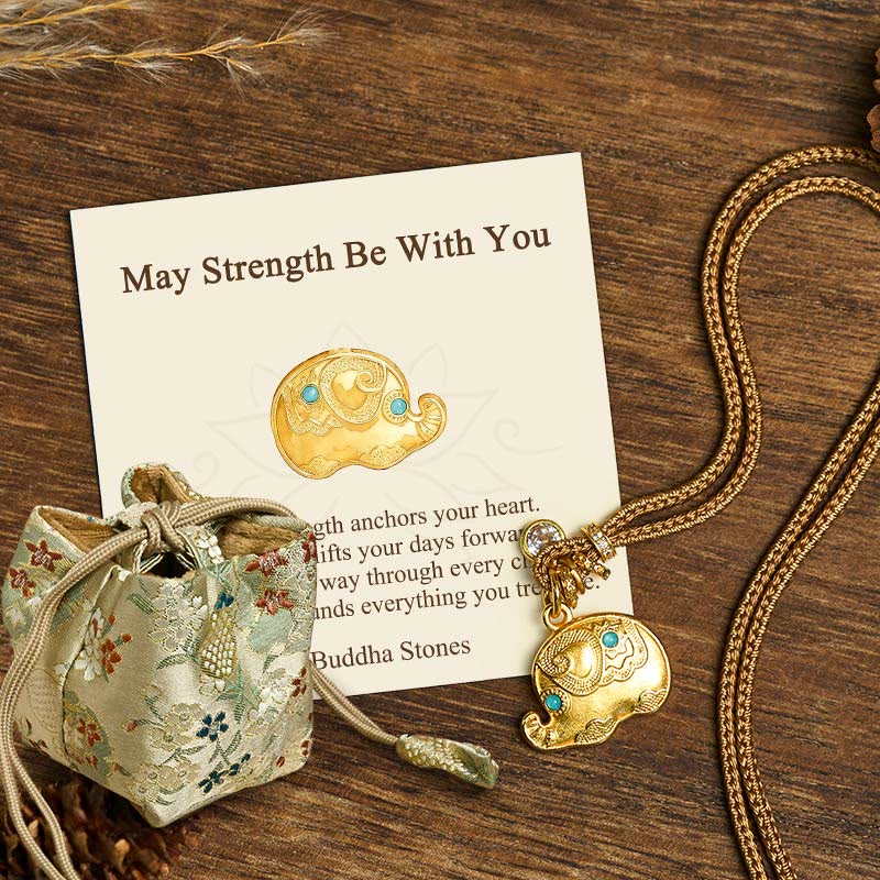 Wear FengShui "May Strength Be With You" 24k Gold Plated Brass Elephant Necklace Includes Gift Message Card