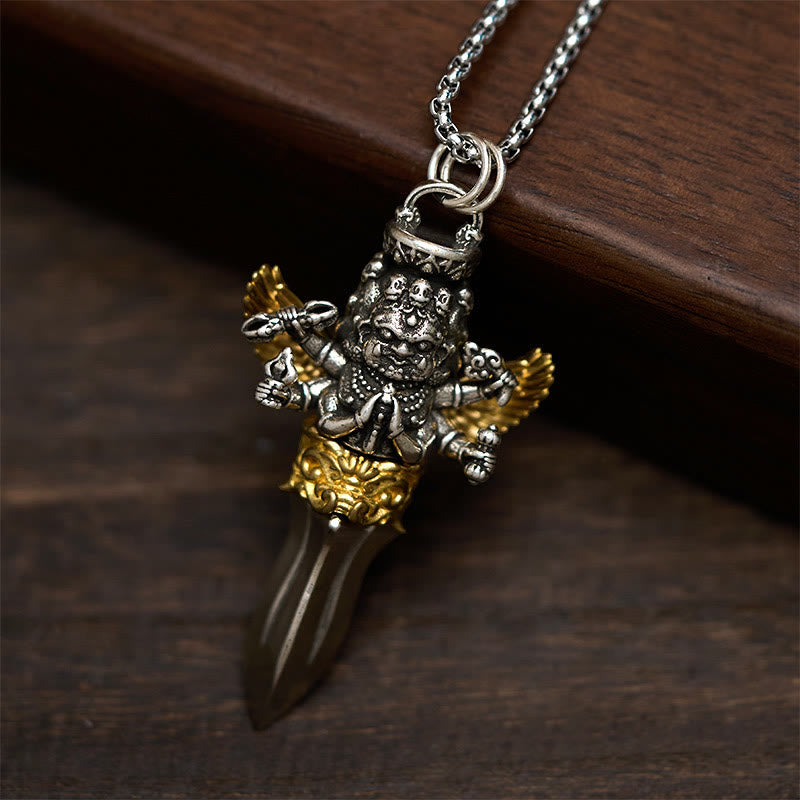 Wear FengShui Tibetan Vajra Three Heads Six Arms Design Copper Healing Spiritual Power Necklace Pendant
