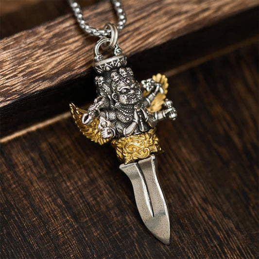 Wear FengShui Tibetan Vajra Three Heads Six Arms Design Copper Healing Spiritual Power Necklace Pendant