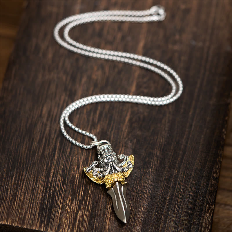 Wear FengShui Tibetan Vajra Three Heads Six Arms Design Copper Healing Spiritual Power Necklace Pendant