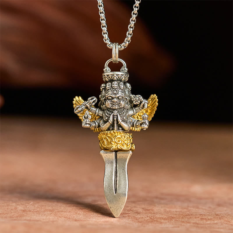 Wear FengShui Tibetan Vajra Three Heads Six Arms Design Copper Healing Spiritual Power Necklace Pendant