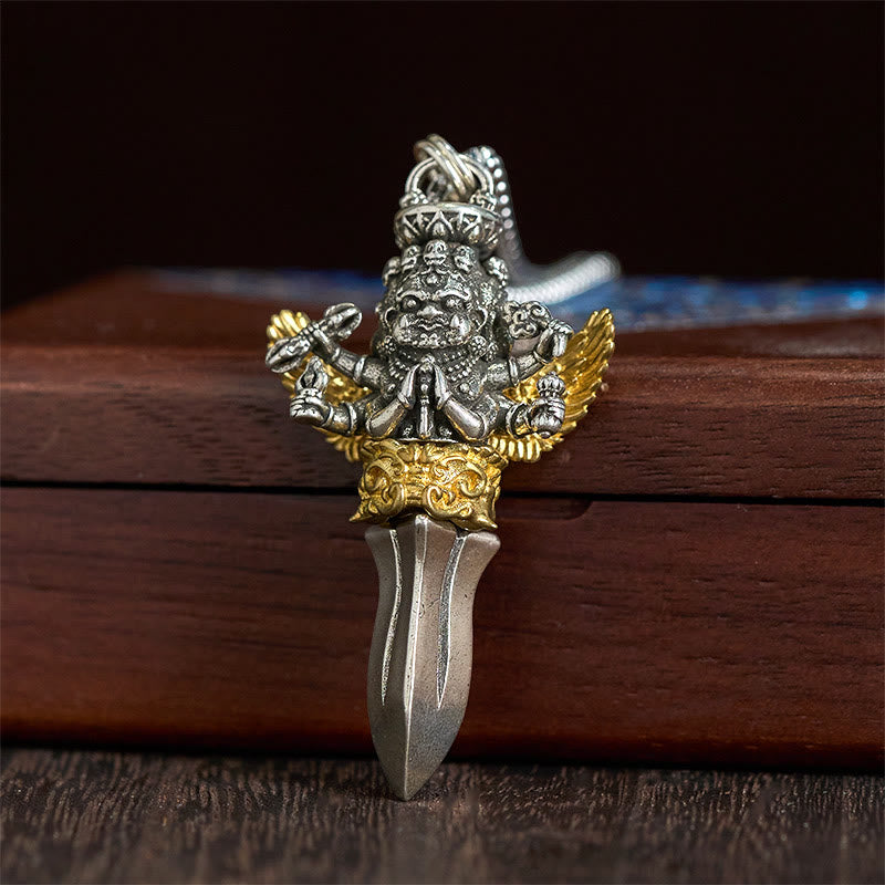 Wear FengShui Tibetan Vajra Three Heads Six Arms Design Copper Healing Spiritual Power Necklace Pendant