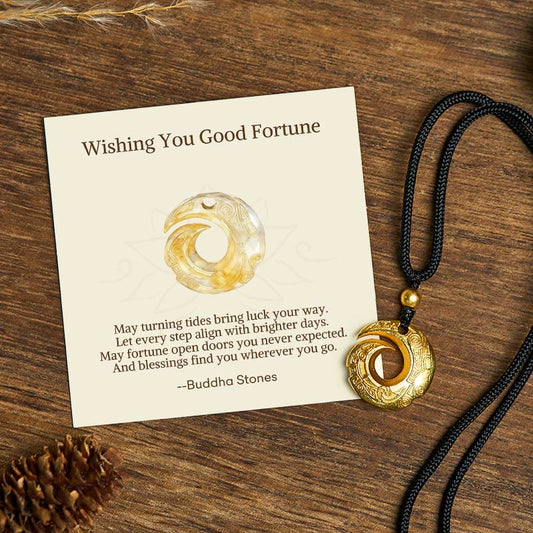 Wear FengShui "Wishing You Good Fortune" 24k Gold Plated Brass Peace Buckle Black Rope Necklace Includes Gift Message Card