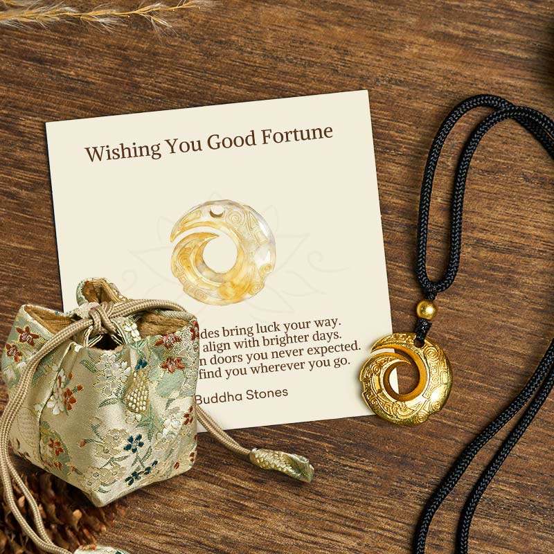 Wear FengShui "Wishing You Good Fortune" 24k Gold Plated Brass Peace Buckle Black Rope Necklace Includes Gift Message Card