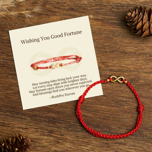 Wear FengShui "May Endless Luck Find You" Infinity Charm Brass Red String Bracelet Includes Gift Message Card
