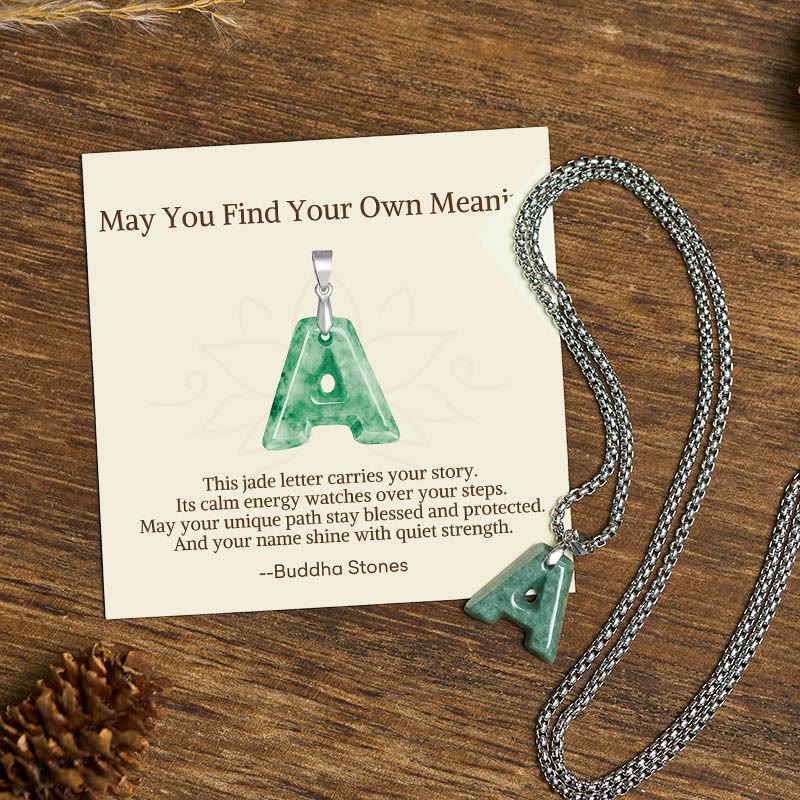 Wear FengShui "May You Find Your Own Meaning" Natural A-Z Letter Jade Titanium Steel Chain Necklace Includes Gift Message Card