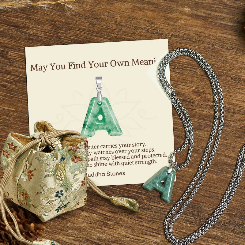 Wear FengShui "May You Find Your Own Meaning" Natural A-Z Letter Jade Titanium Steel Chain Necklace Includes Gift Message Card