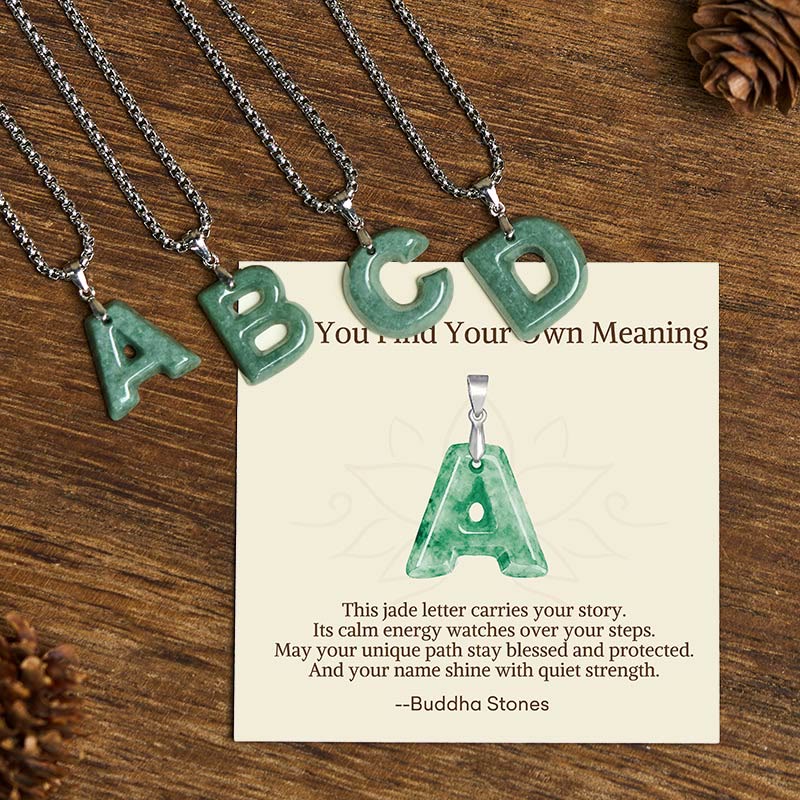 Wear FengShui "May You Find Your Own Meaning" Natural A-Z Letter Jade Titanium Steel Chain Necklace Includes Gift Message Card
