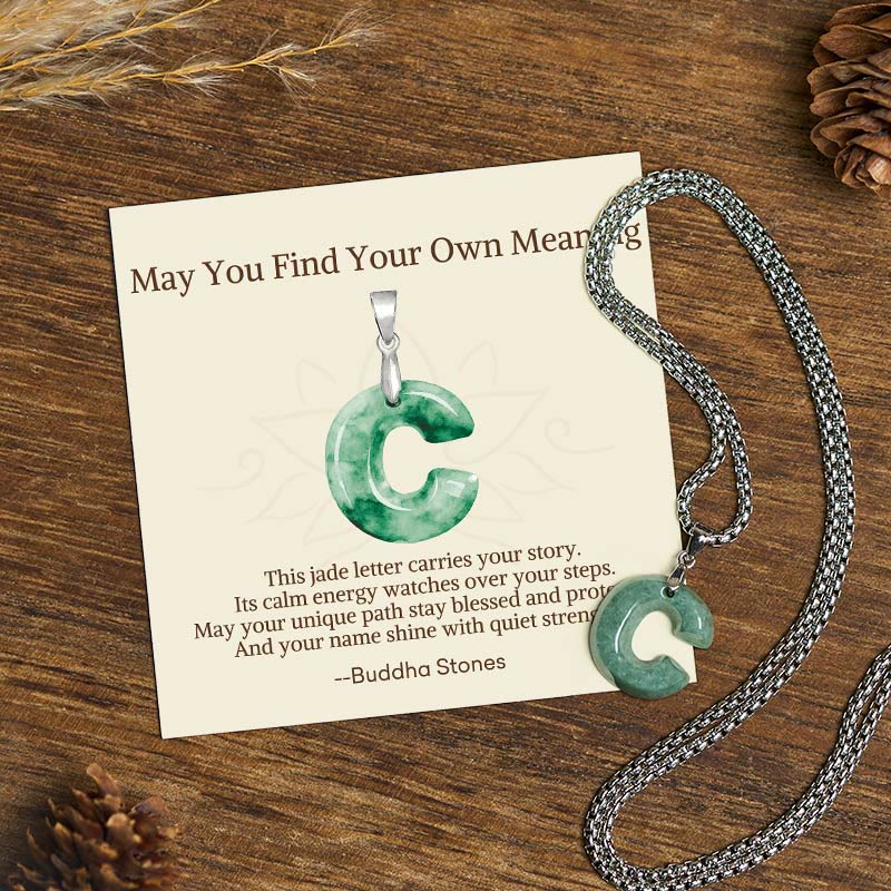 Wear FengShui "May You Find Your Own Meaning" Natural A-Z Letter Jade Titanium Steel Chain Necklace Includes Gift Message Card
