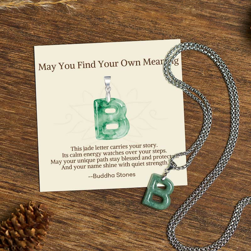 Wear FengShui "May You Find Your Own Meaning" Natural A-Z Letter Jade Titanium Steel Chain Necklace Includes Gift Message Card