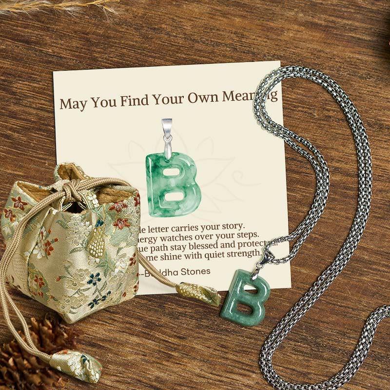 Wear FengShui "May You Find Your Own Meaning" Natural A-Z Letter Jade Titanium Steel Chain Necklace Includes Gift Message Card