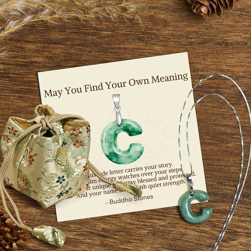 Wear FengShui "May You Find Your Own Meaning" Natural A-Z Letter Jade 925 Sterling Silver Chain Necklace Includes Gift Message Card