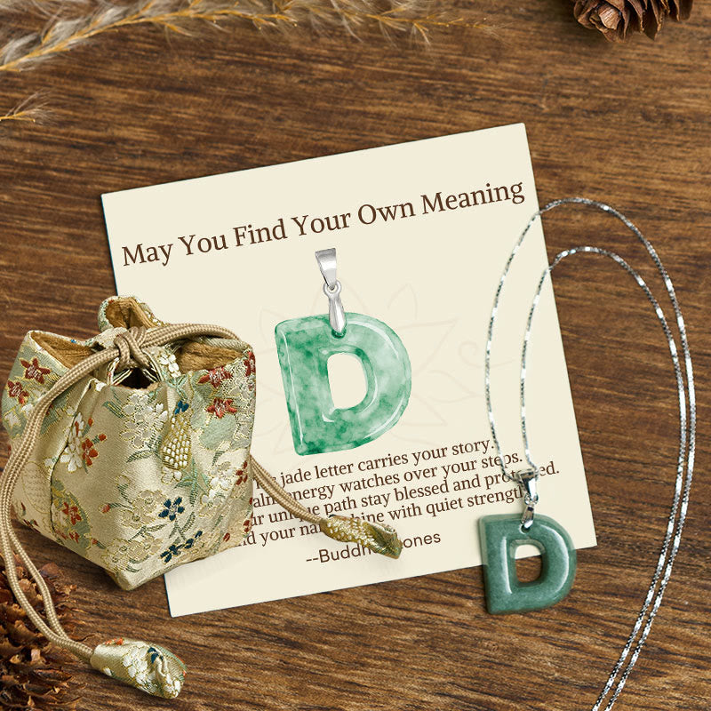 Wear FengShui "May You Find Your Own Meaning" Natural A-Z Letter Jade 925 Sterling Silver Chain Necklace Includes Gift Message Card