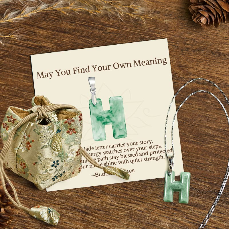 Wear FengShui "May You Find Your Own Meaning" Natural A-Z Letter Jade 925 Sterling Silver Chain Necklace Includes Gift Message Card