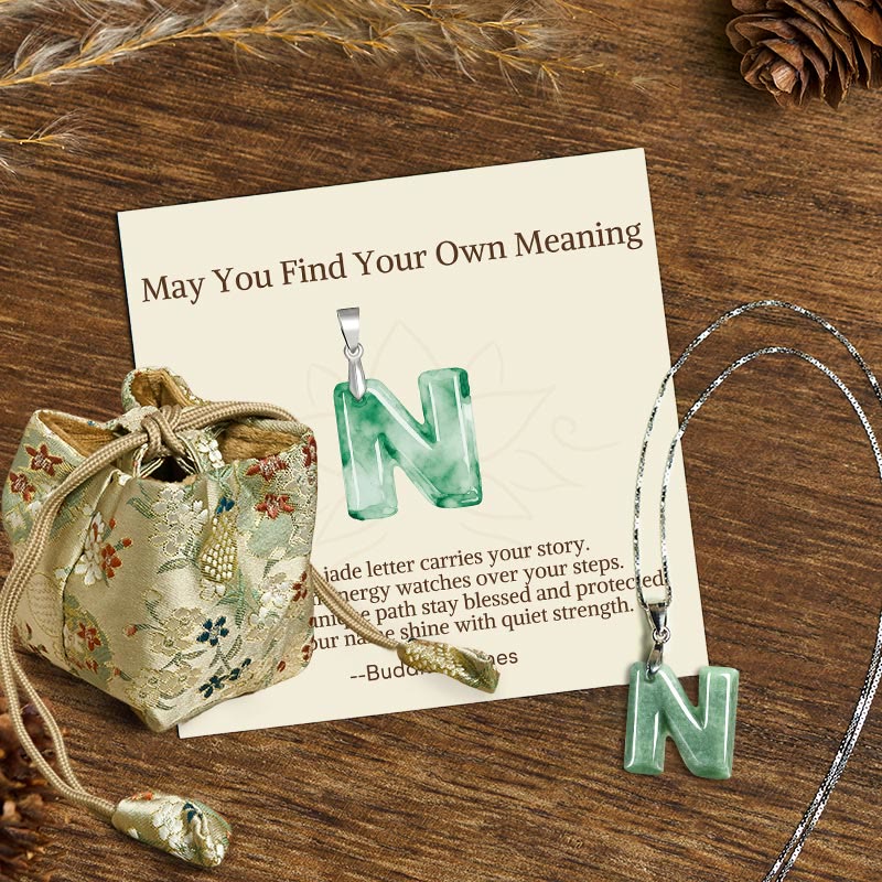 Wear FengShui "May You Find Your Own Meaning" Natural A-Z Letter Jade 925 Sterling Silver Chain Necklace Includes Gift Message Card