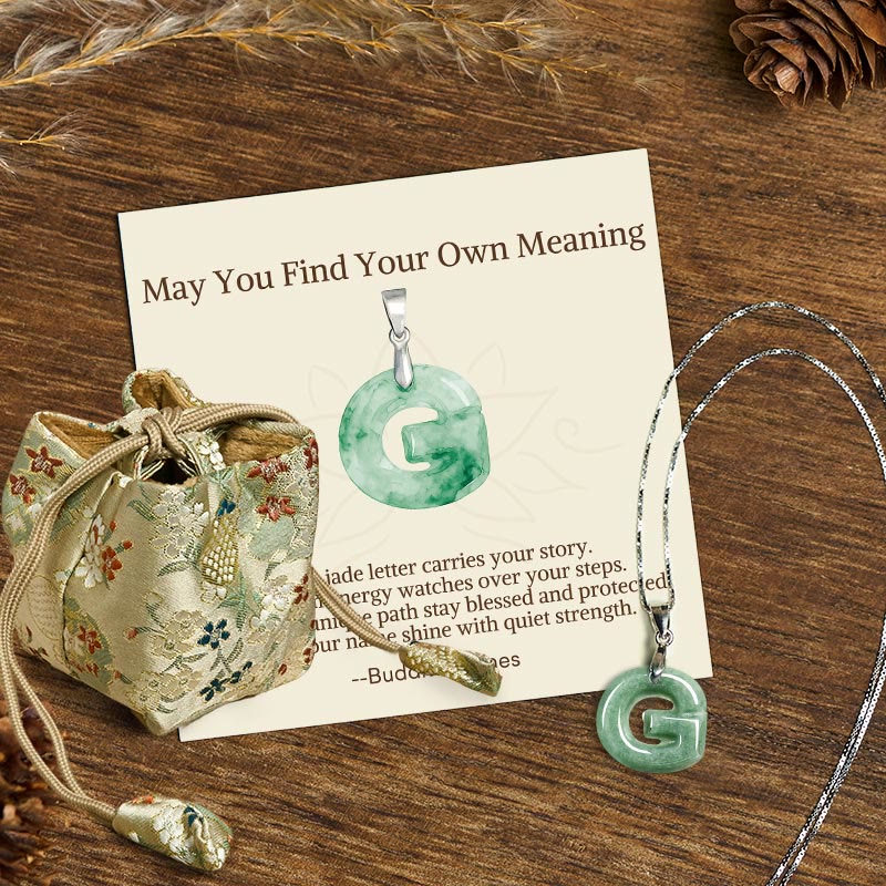 Wear FengShui "May You Find Your Own Meaning" Natural A-Z Letter Jade 925 Sterling Silver Chain Necklace Includes Gift Message Card