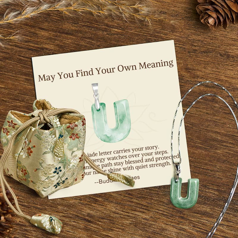 Wear FengShui "May You Find Your Own Meaning" Natural A-Z Letter Jade 925 Sterling Silver Chain Necklace Includes Gift Message Card