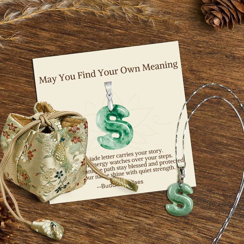 Wear FengShui "May You Find Your Own Meaning" Natural A-Z Letter Jade 925 Sterling Silver Chain Necklace Includes Gift Message Card
