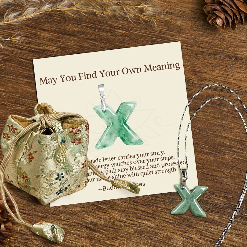 Wear FengShui "May You Find Your Own Meaning" Natural A-Z Letter Jade 925 Sterling Silver Chain Necklace Includes Gift Message Card