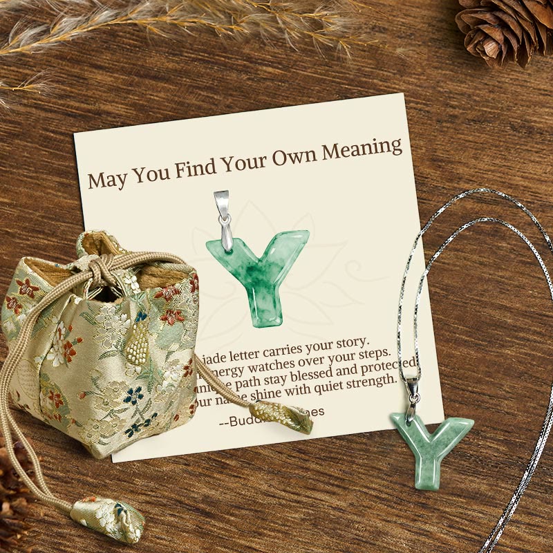 Wear FengShui "May You Find Your Own Meaning" Natural A-Z Letter Jade 925 Sterling Silver Chain Necklace Includes Gift Message Card