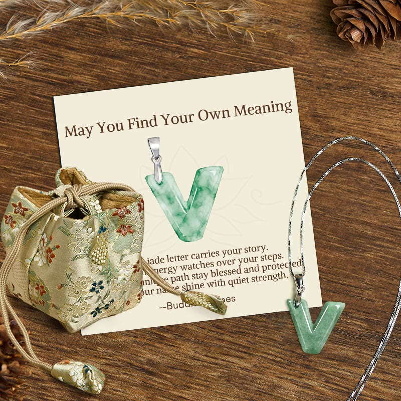 Wear FengShui "May You Find Your Own Meaning" Natural A-Z Letter Jade 925 Sterling Silver Chain Necklace Includes Gift Message Card