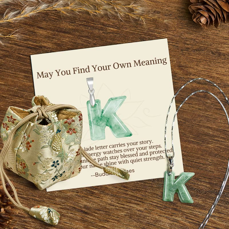 Wear FengShui "May You Find Your Own Meaning" Natural A-Z Letter Jade 925 Sterling Silver Chain Necklace Includes Gift Message Card