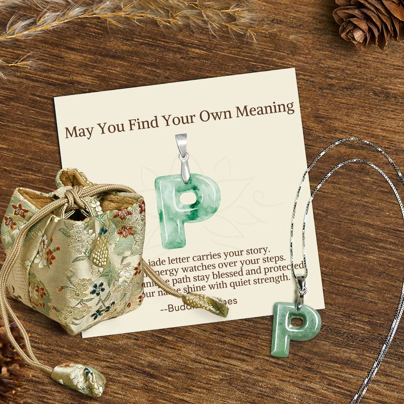 Wear FengShui "May You Find Your Own Meaning" Natural A-Z Letter Jade 925 Sterling Silver Chain Necklace Includes Gift Message Card