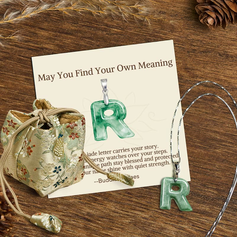 Wear FengShui "May You Find Your Own Meaning" Natural A-Z Letter Jade 925 Sterling Silver Chain Necklace Includes Gift Message Card