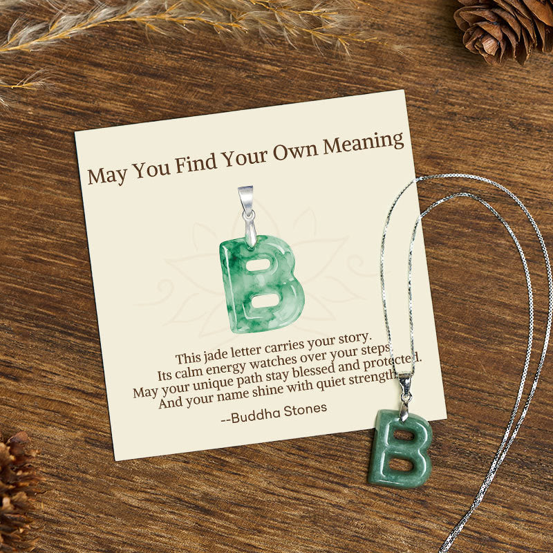 Wear FengShui "May You Find Your Own Meaning" Natural A-Z Letter Jade 925 Sterling Silver Chain Necklace Includes Gift Message Card