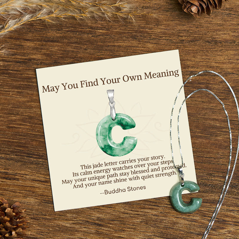 Wear FengShui "May You Find Your Own Meaning" Natural A-Z Letter Jade 925 Sterling Silver Chain Necklace Includes Gift Message Card