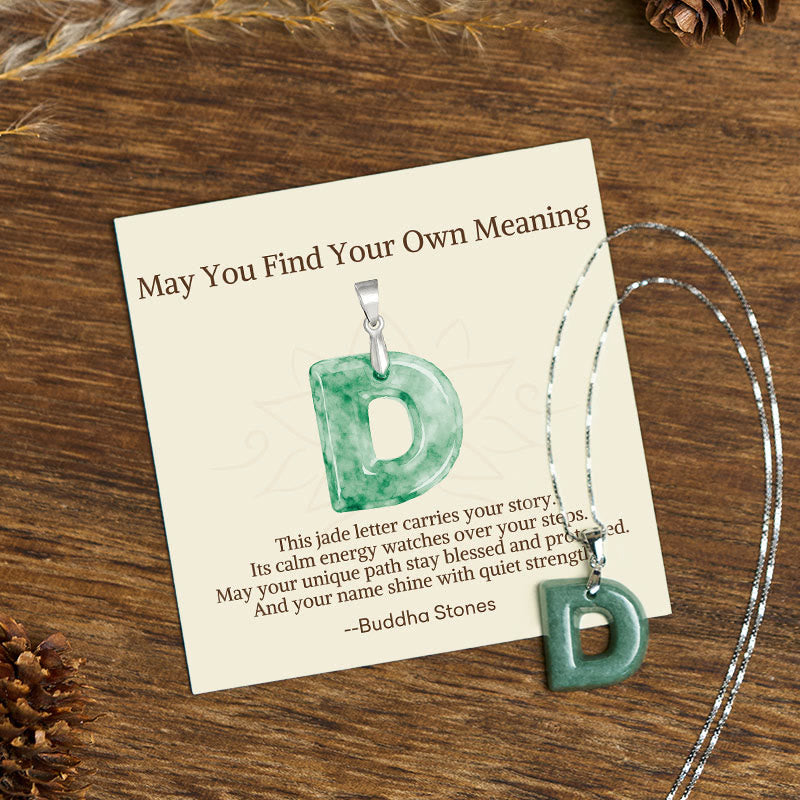 Wear FengShui "May You Find Your Own Meaning" Natural A-Z Letter Jade 925 Sterling Silver Chain Necklace Includes Gift Message Card
