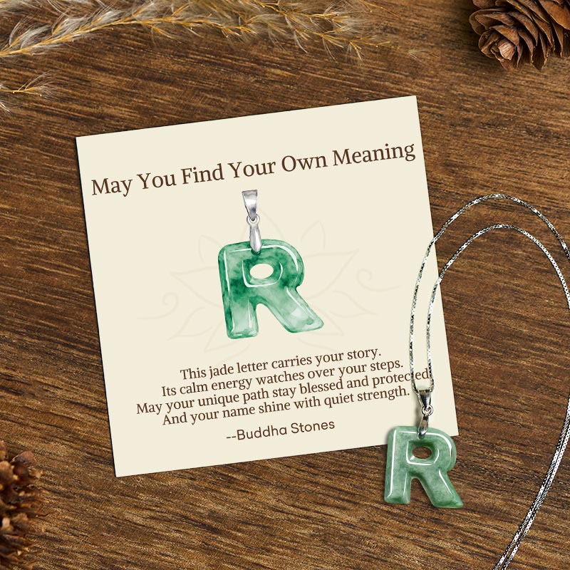 Wear FengShui "May You Find Your Own Meaning" Natural A-Z Letter Jade 925 Sterling Silver Chain Necklace Includes Gift Message Card