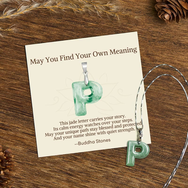 Wear FengShui "May You Find Your Own Meaning" Natural A-Z Letter Jade 925 Sterling Silver Chain Necklace Includes Gift Message Card