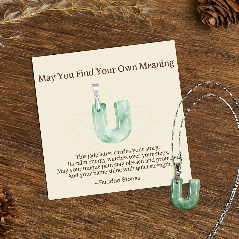 Wear FengShui "May You Find Your Own Meaning" Natural A-Z Letter Jade 925 Sterling Silver Chain Necklace Includes Gift Message Card