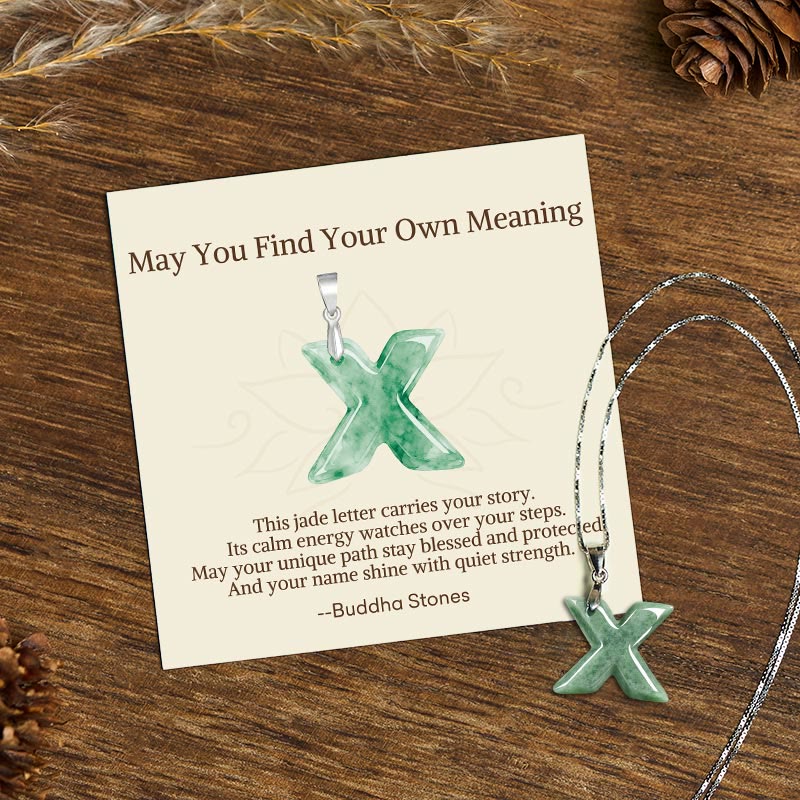 Wear FengShui "May You Find Your Own Meaning" Natural A-Z Letter Jade 925 Sterling Silver Chain Necklace Includes Gift Message Card