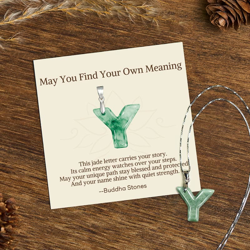 Wear FengShui "May You Find Your Own Meaning" Natural A-Z Letter Jade 925 Sterling Silver Chain Necklace Includes Gift Message Card