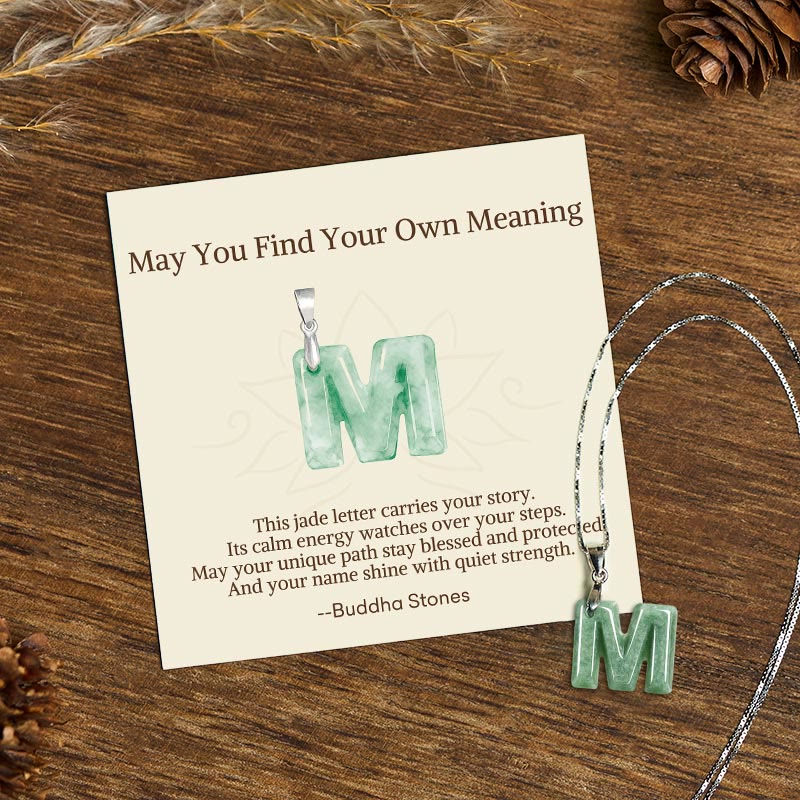 Wear FengShui "May You Find Your Own Meaning" Natural A-Z Letter Jade 925 Sterling Silver Chain Necklace Includes Gift Message Card
