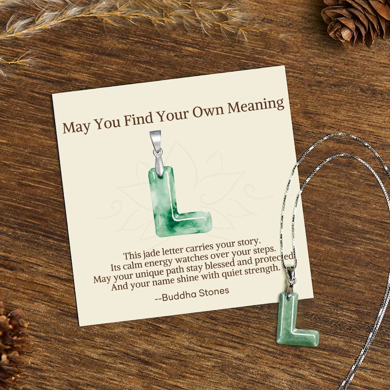 Wear FengShui "May You Find Your Own Meaning" Natural A-Z Letter Jade 925 Sterling Silver Chain Necklace Includes Gift Message Card
