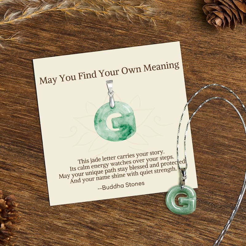 Wear FengShui "May You Find Your Own Meaning" Natural A-Z Letter Jade 925 Sterling Silver Chain Necklace Includes Gift Message Card