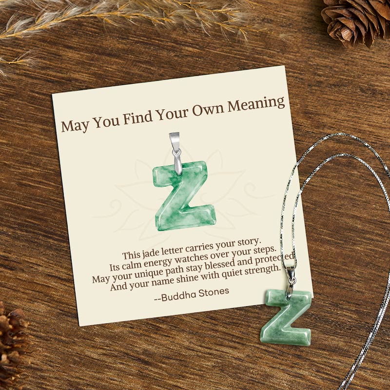 Wear FengShui "May You Find Your Own Meaning" Natural A-Z Letter Jade 925 Sterling Silver Chain Necklace Includes Gift Message Card
