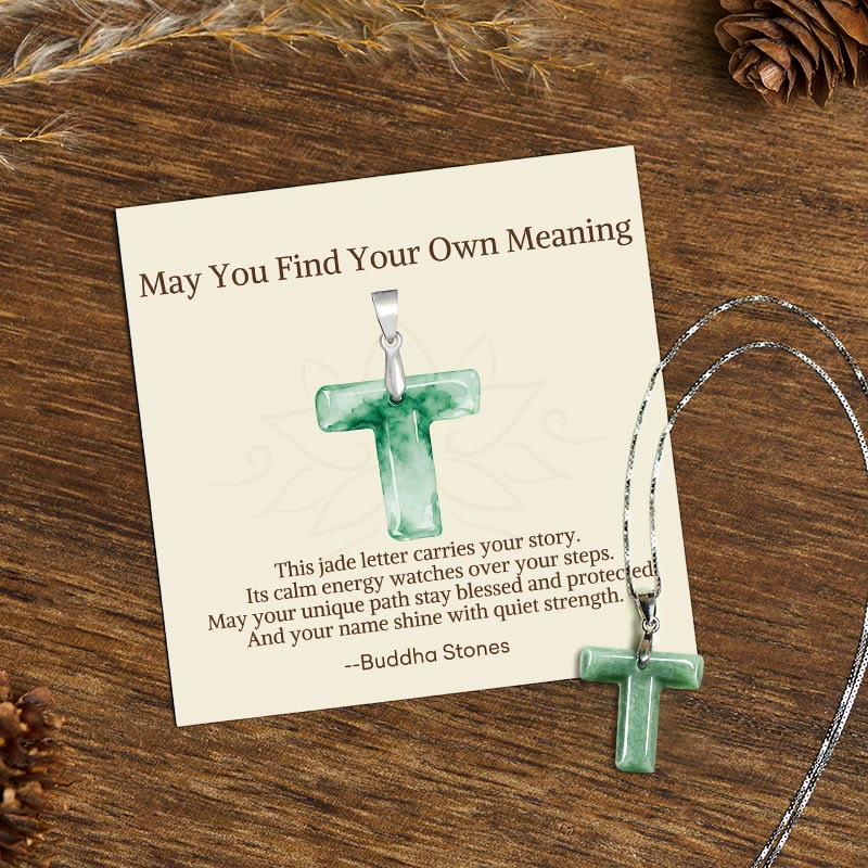 Wear FengShui "May You Find Your Own Meaning" Natural A-Z Letter Jade 925 Sterling Silver Chain Necklace Includes Gift Message Card